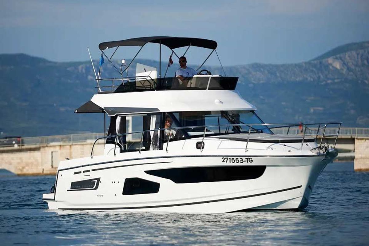 Exterior view of Merry Fisher 1095 Fly, a Jeanneau Merry Fisher 1095 Fly motorboat at Grad Trogir, Croatia