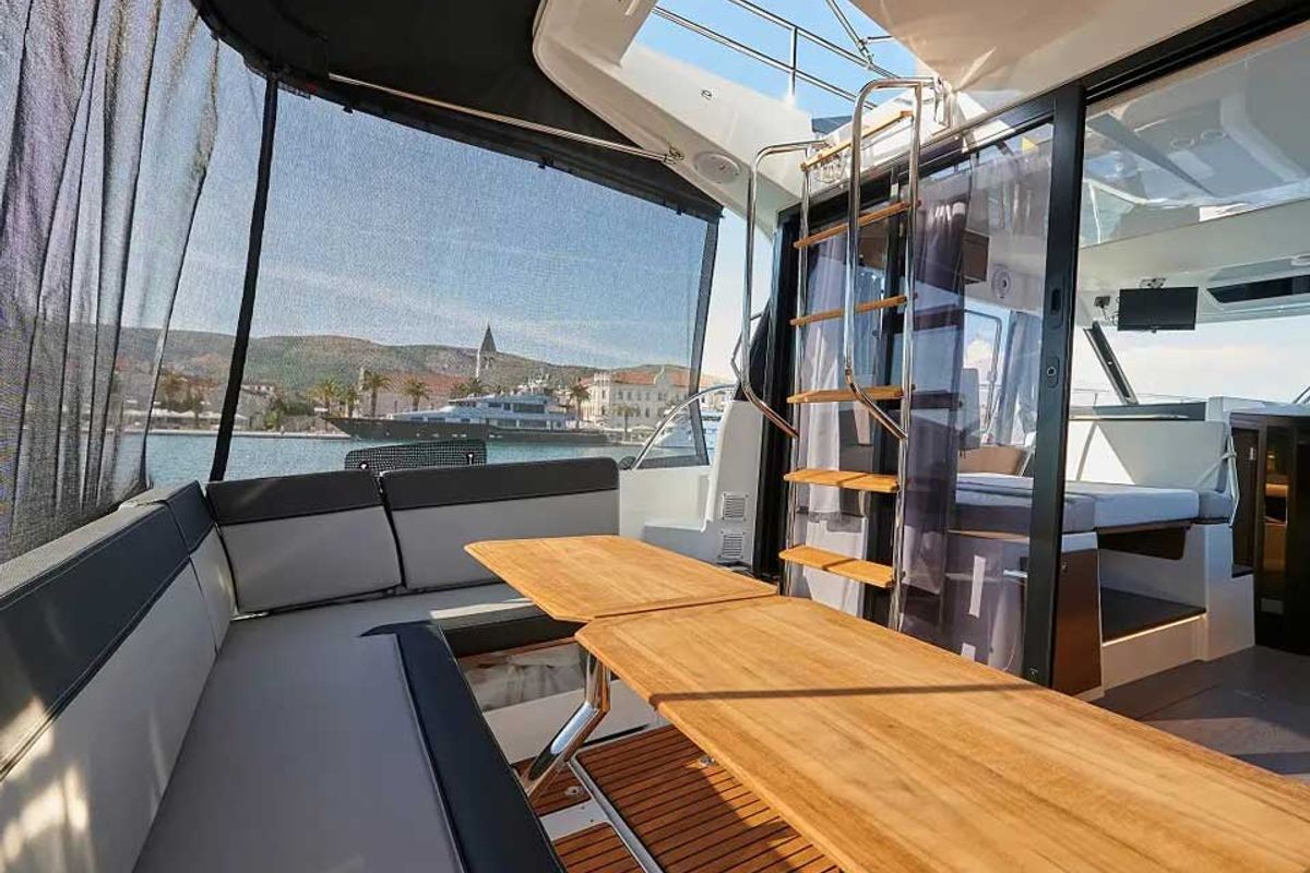 Deck of Merry Fisher 1095 Fly, a Jeanneau Merry Fisher 1095 Fly motorboat at Grad Trogir, Croatia