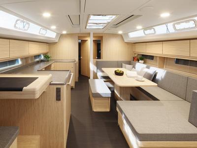 Salon of Spirit of Argo, a Bavaria C46 sailboat at Marseille, France