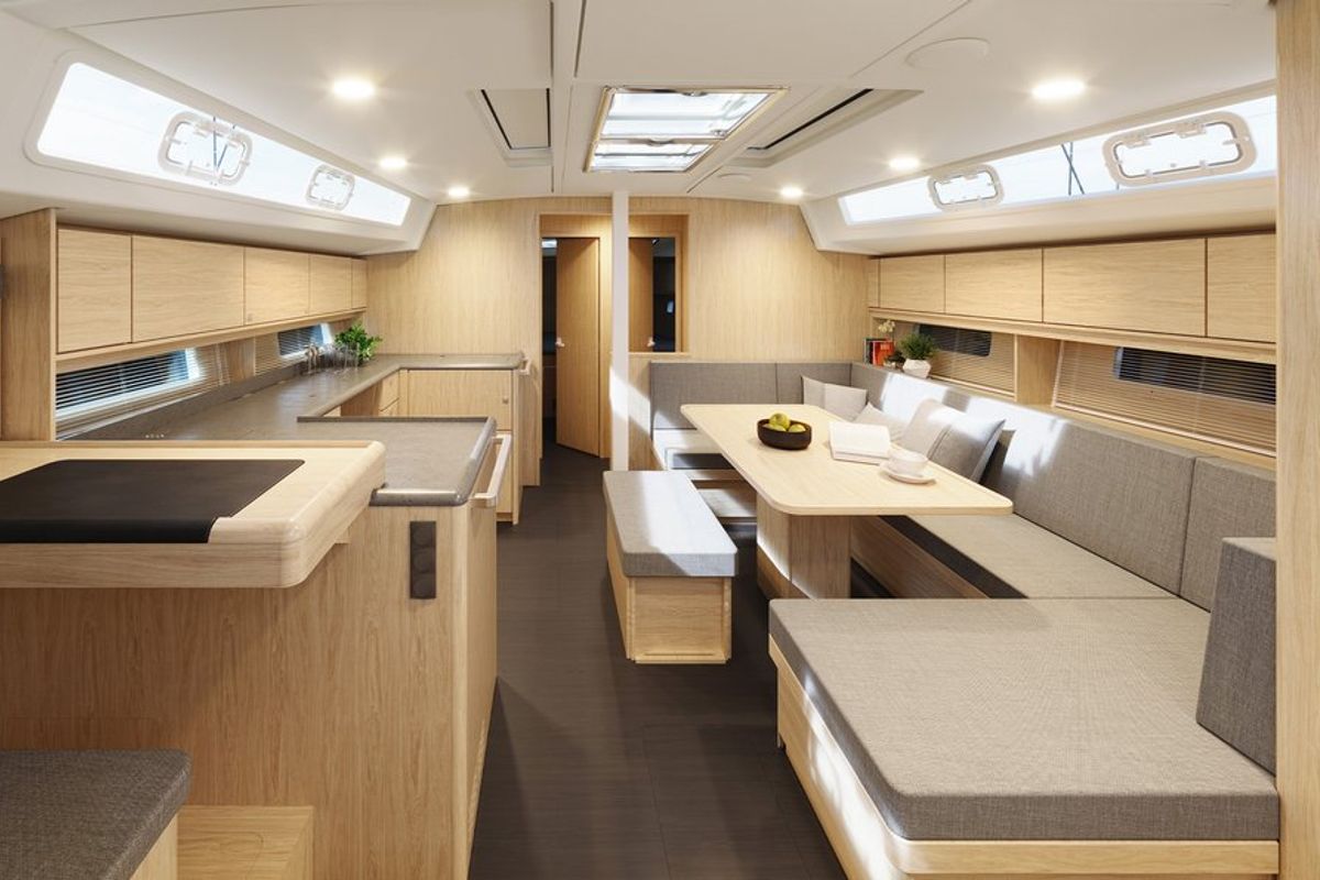 Salon of Spirit of Argo, a Bavaria C46 sailboat at Marseille, France