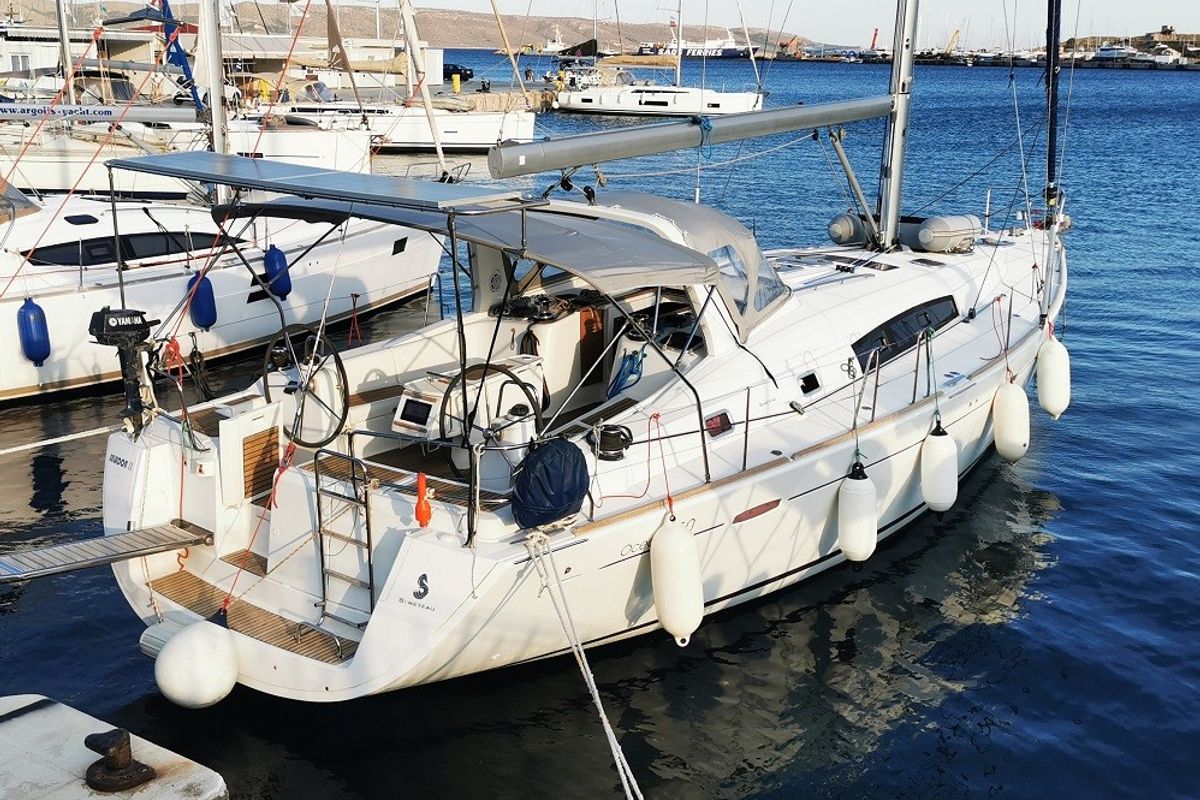 Exterior view of Seladon II, a Beneteau Oceanis 50 sailboat at Lavreotiki Municipal Unit, Greece
