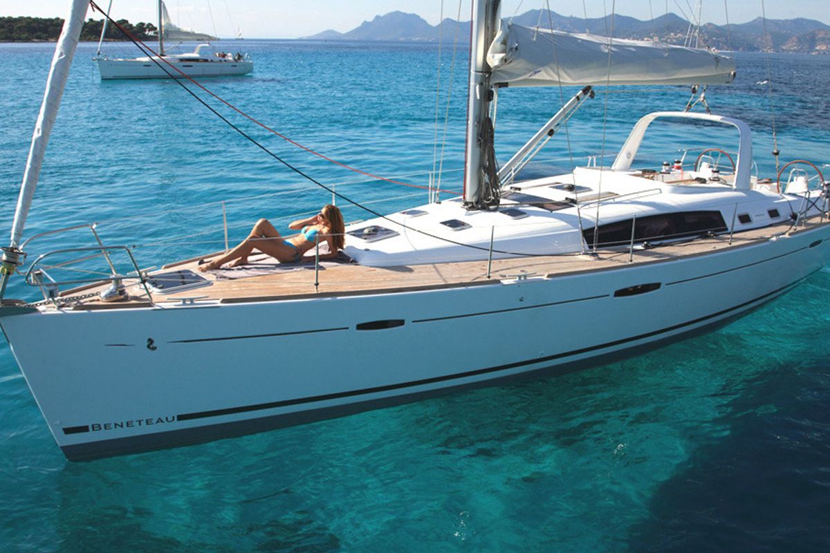Exterior view of Seladon II, a Beneteau Oceanis 50 sailboat at Lavreotiki Municipal Unit, Greece