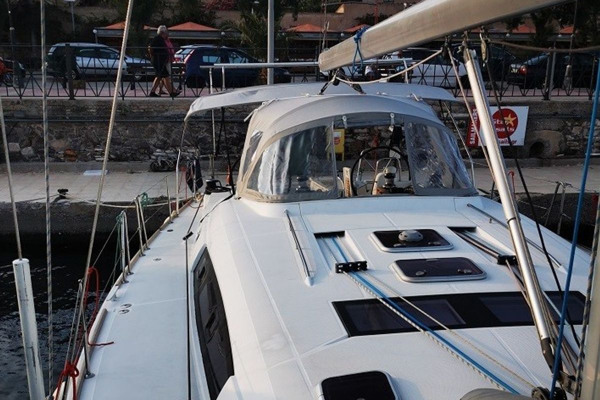 Deck of Seladon II, a Beneteau Oceanis 50 sailboat at Lavreotiki Municipal Unit, Greece