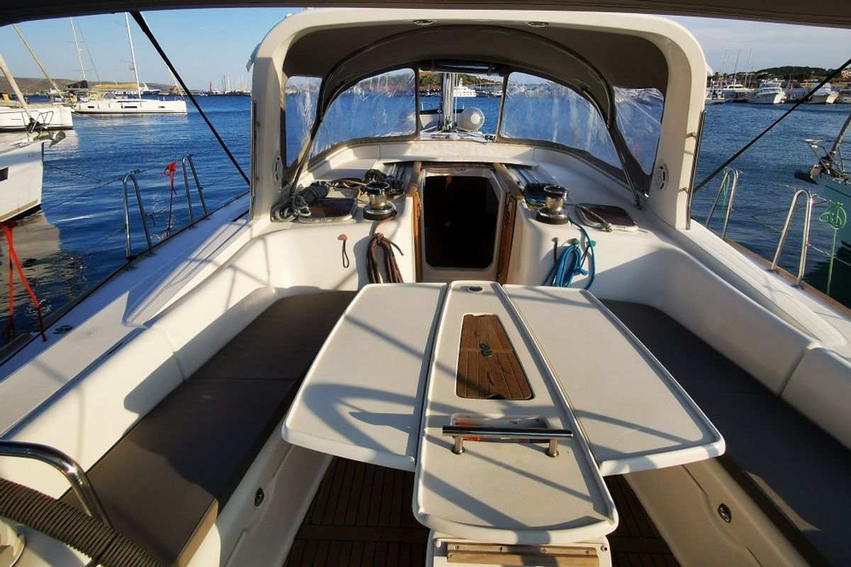Deck of Seladon II, a Beneteau Oceanis 50 sailboat at Lavreotiki Municipal Unit, Greece