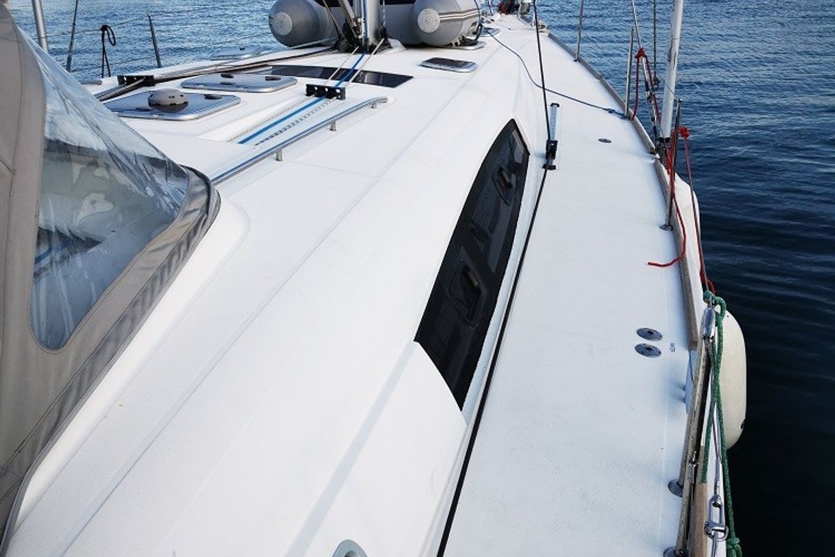 Deck of Seladon II, a Beneteau Oceanis 50 sailboat at Lavreotiki Municipal Unit, Greece