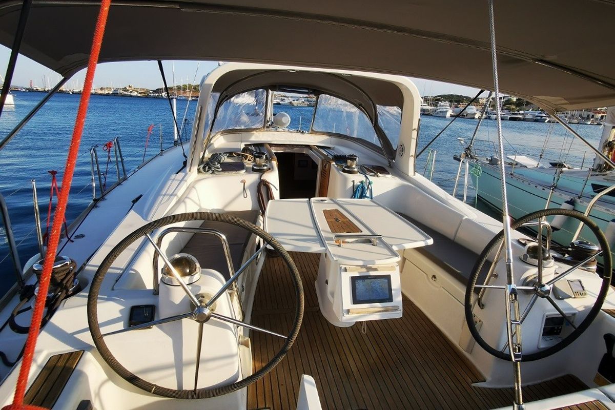 Cockpit of Seladon II, a Beneteau Oceanis 50 sailboat at Lavreotiki Municipal Unit, Greece