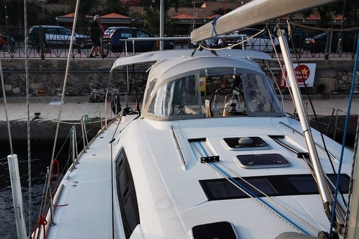 Deck of Seladon II, a Beneteau Oceanis 50 sailboat at Lavreotiki Municipal Unit, Greece