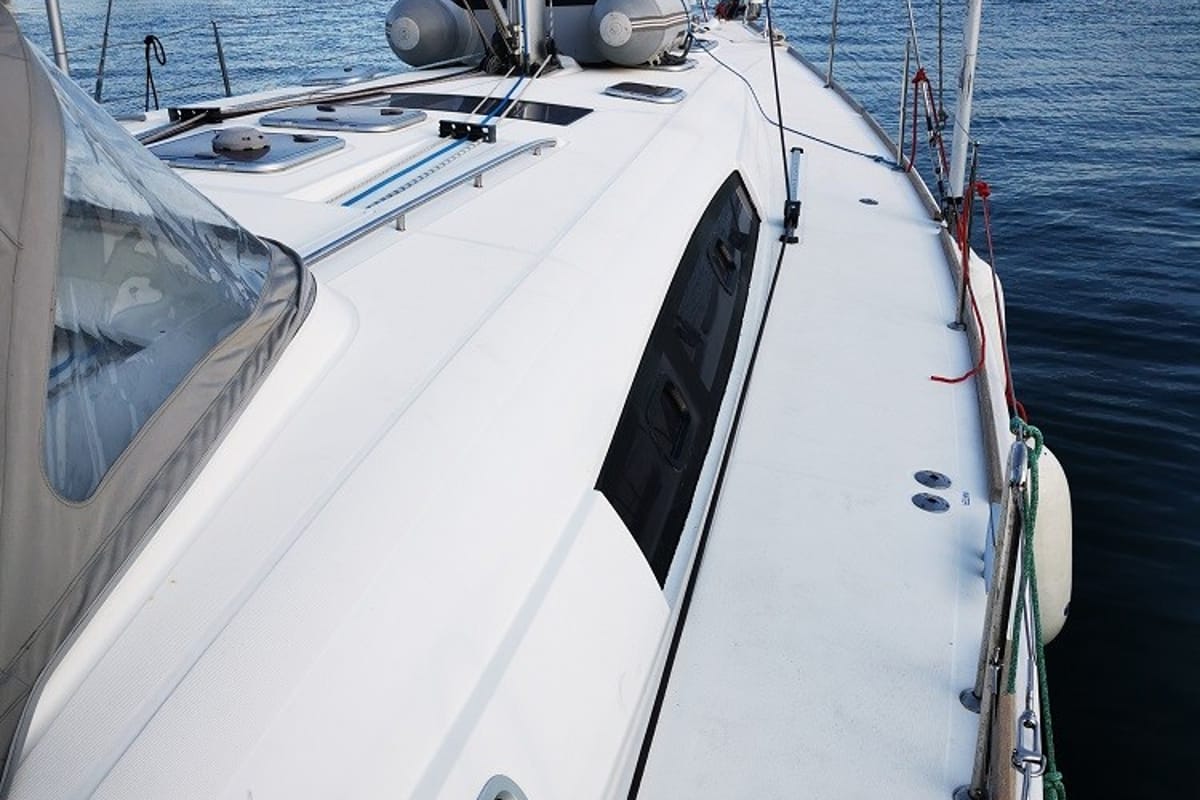 Deck of Seladon II, a Beneteau Oceanis 50 sailboat at Lavreotiki Municipal Unit, Greece