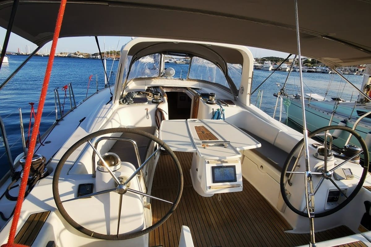 Cockpit of Seladon II, a Beneteau Oceanis 50 sailboat at Lavreotiki Municipal Unit, Greece
