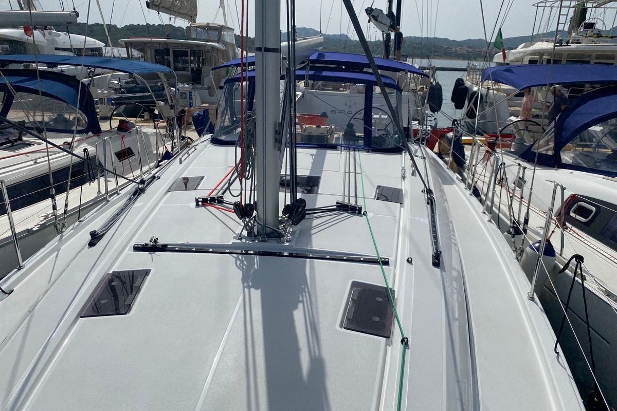 Deck of Blue Eyes II, a Beneteau Oceanis 40.1 sailboat at Olbia, Italy