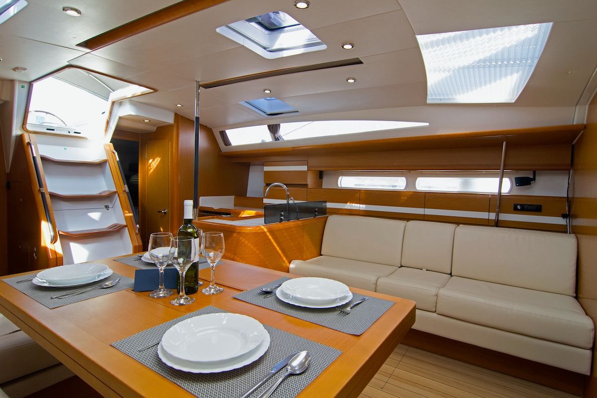 Salon of Omega Kiss, a Jeanneau 53 sailboat at Dubrovnik, Croatia