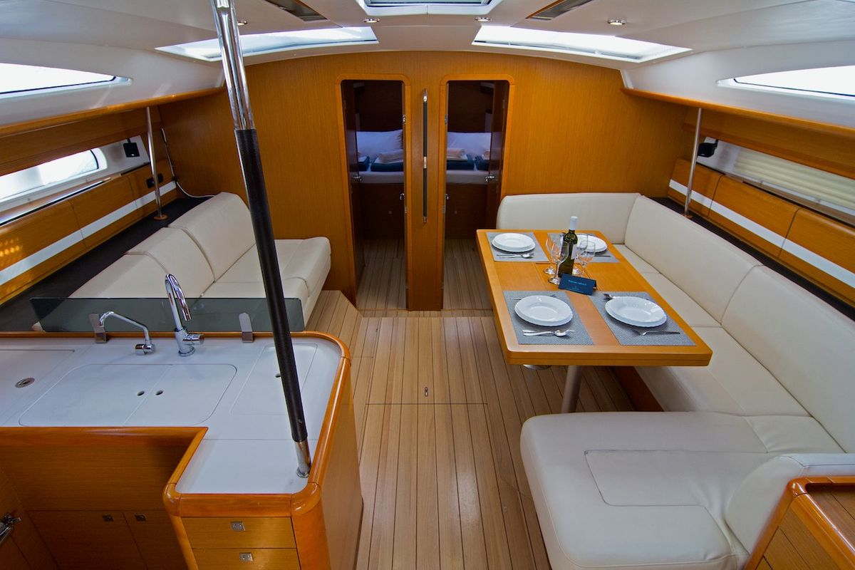 Salon of Omega Kiss, a Jeanneau 53 sailboat at Dubrovnik, Croatia