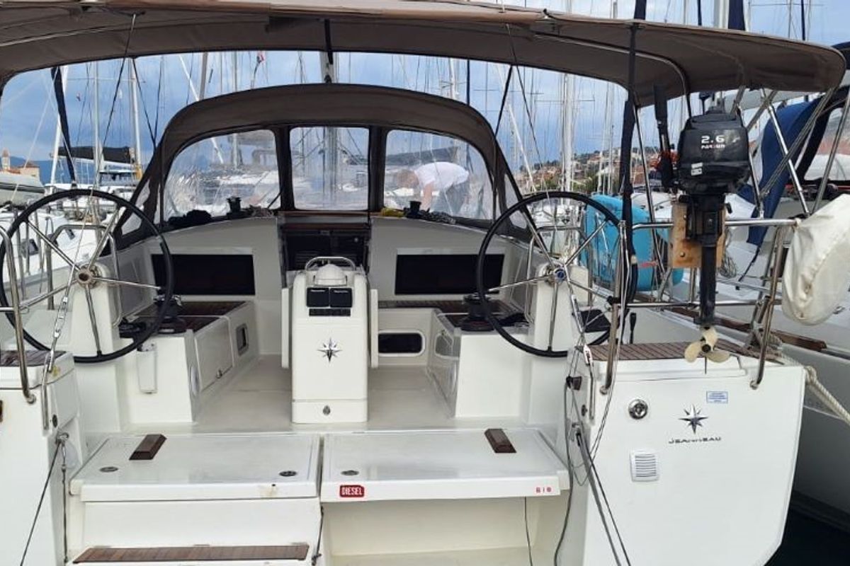 Cockpit of Soyka, a Jeanneau Sun Odyssey 440 sailboat at Grad Šibenik, Croatia