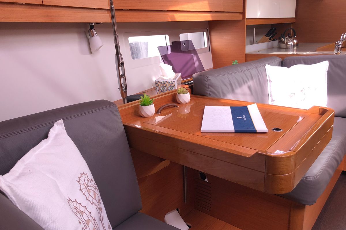 Salon of Pamoja, a Dufour 412 sailboat at Olbia, Italy