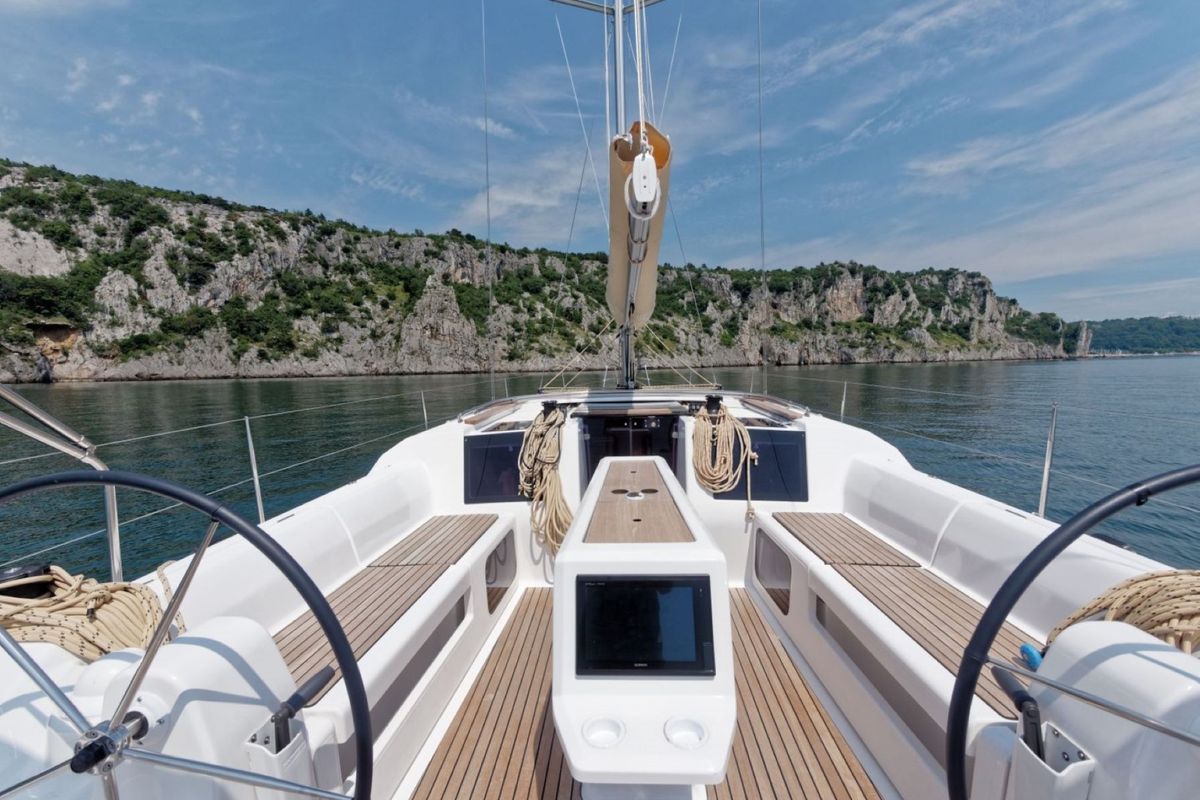 Cockpit of Pamoja, a Dufour 412 sailboat at Olbia, Italy