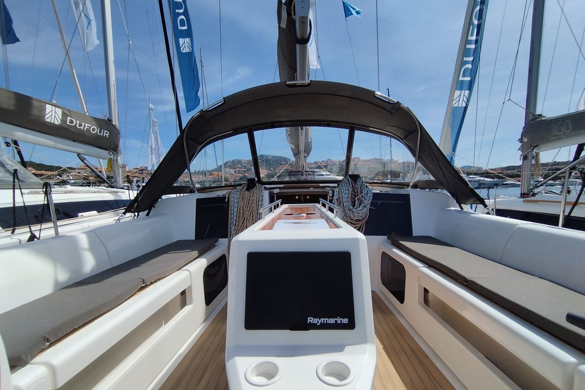 Cockpit of Pamoja, a Dufour 412 sailboat at Olbia, Italy