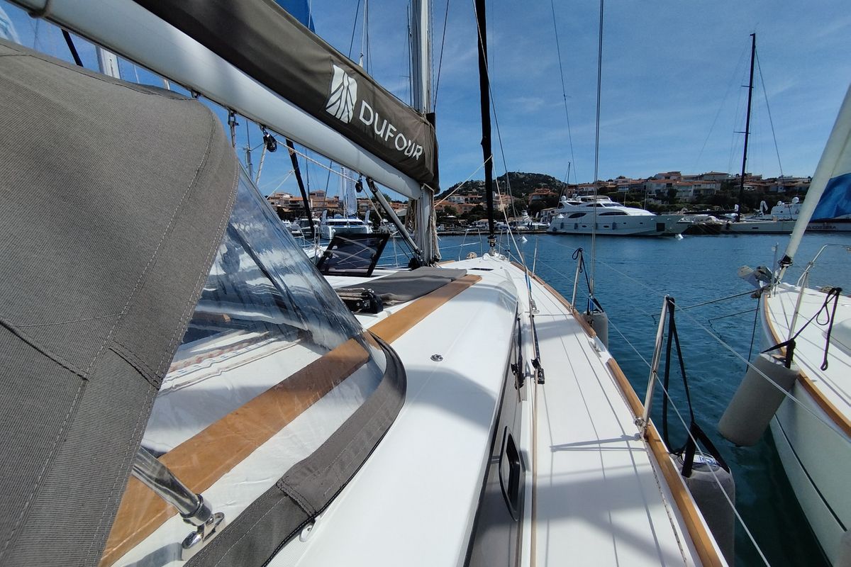 Deck of Pamoja, a Dufour 412 sailboat at Olbia, Italy