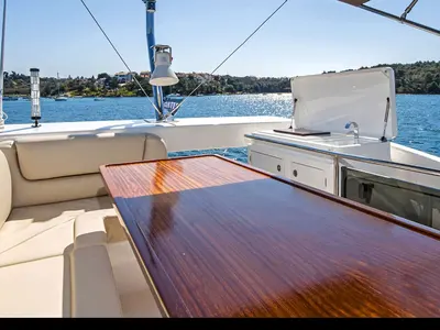 Deck of Sunrise, a Bavaria Virtess 420 Fly motorboat at Grad Trogir, Croatia
