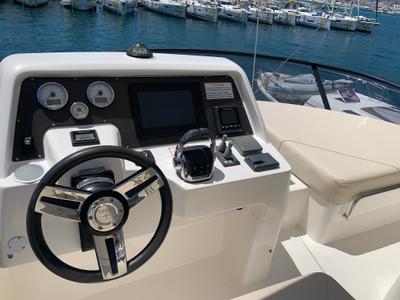 Cockpit of Sunrise, a Bavaria Virtess 420 Fly motorboat at Grad Trogir, Croatia