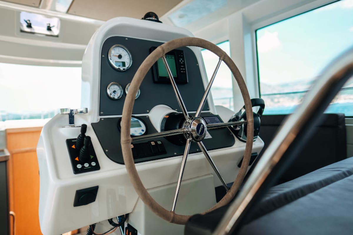 Cockpit of Danijela, a Bavaria E40 Fly motorboat at Seget Donji, Croatia