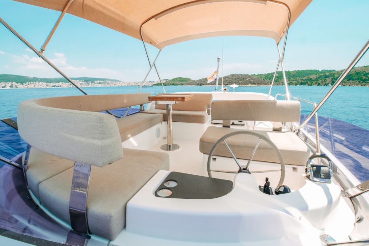 Deck of Danijela, a Bavaria E40 Fly motorboat at Seget Donji, Croatia