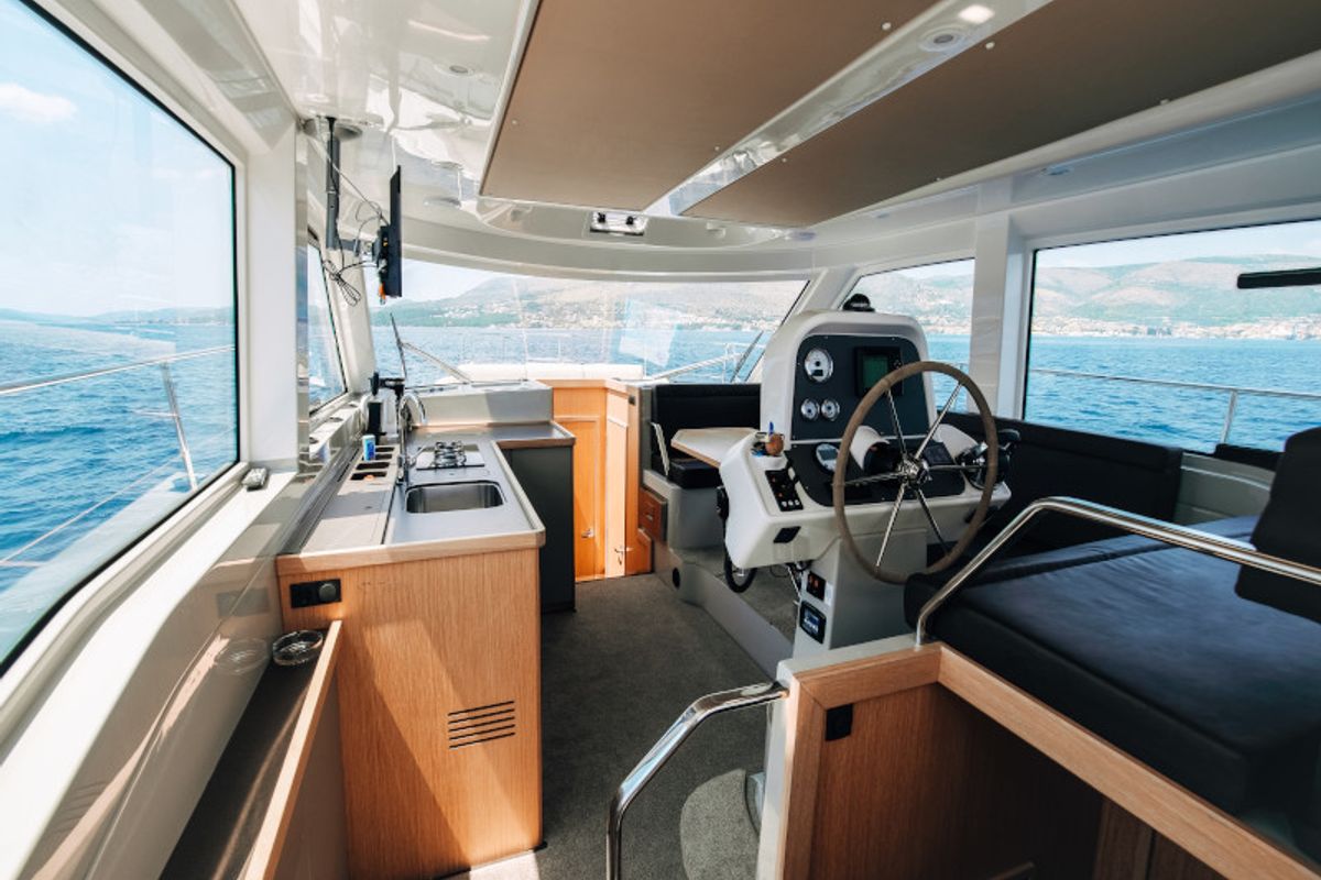 Cockpit of Danijela, a Bavaria E40 Fly motorboat at Seget Donji, Croatia