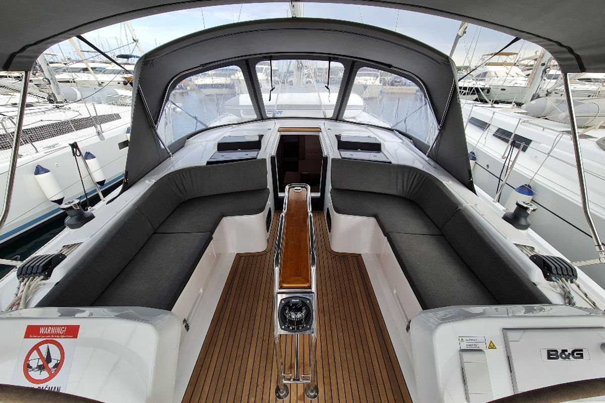 Deck of Ariel, a Hanse Yachts Hanse 458 sailboat at Grad Biograd na Moru, Croatia