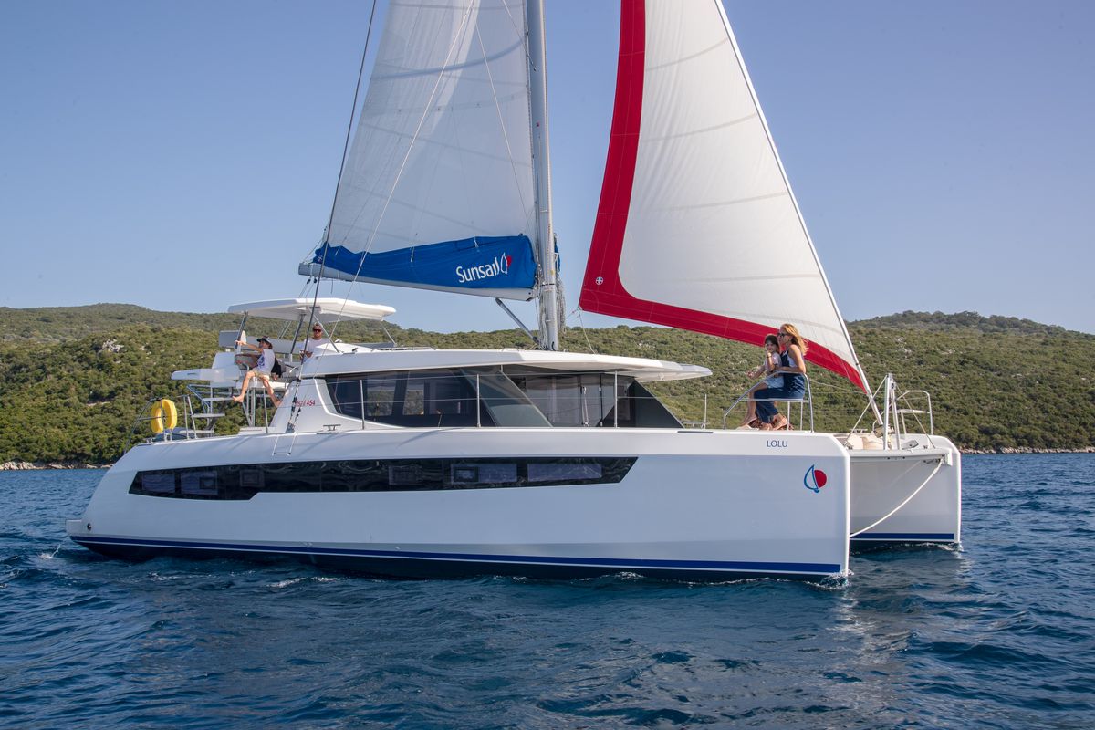 Exterior view of Sunsail 454L Premium, a Leopard 45 catamaran at Grand Anse, Grenada