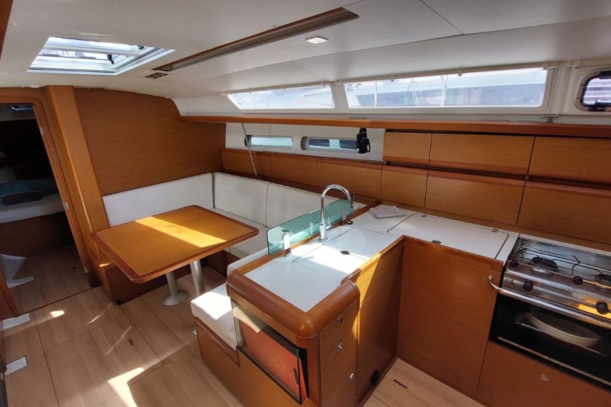 Galley of Para Elli, a Jeanneau Sun Odyssey 419 sailboat at San Miguel de Abona, Spain