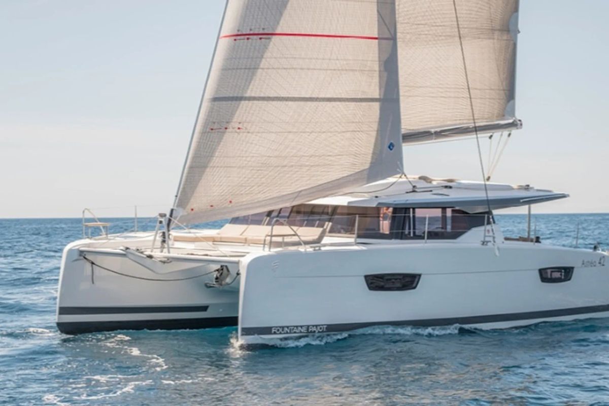 Exterior view of Gabian, a Fountaine Pajot Astréa 42 catamaran at Cogolin, France