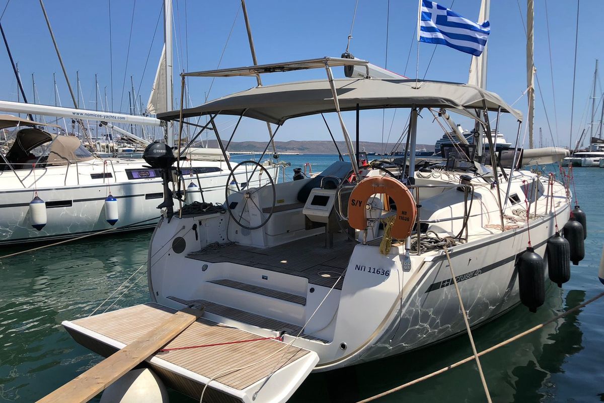 Exterior view of Faethon, a Bavaria 46 Cruiser sailboat at Preveza, Greece