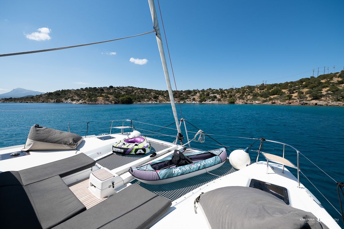 Deck of El Marita, a Lagoon 46 catamaran at Municipal Unit of Lefkada, Greece