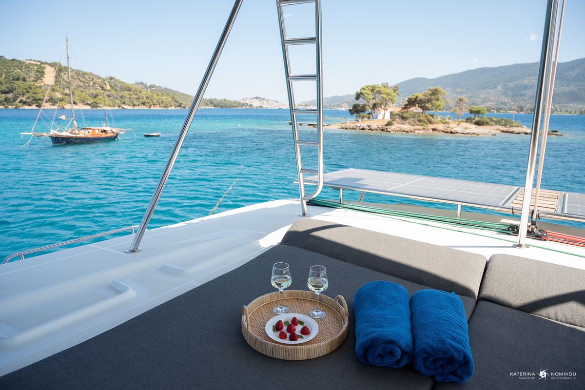 Deck of El Marita, a Lagoon 46 catamaran at Municipal Unit of Lefkada, Greece