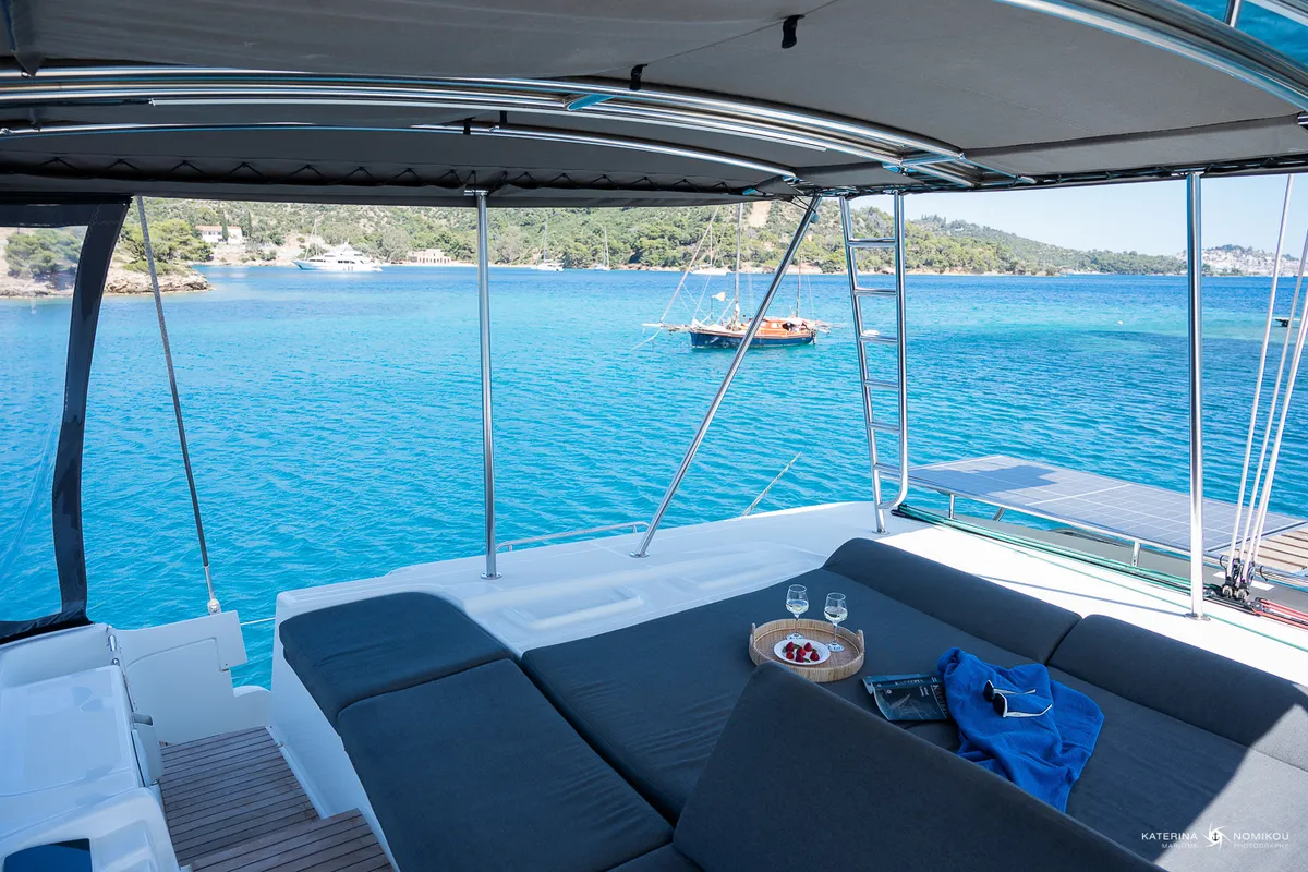 Deck of El Marita, a Lagoon 46 catamaran at Municipal Unit of Lefkada, Greece