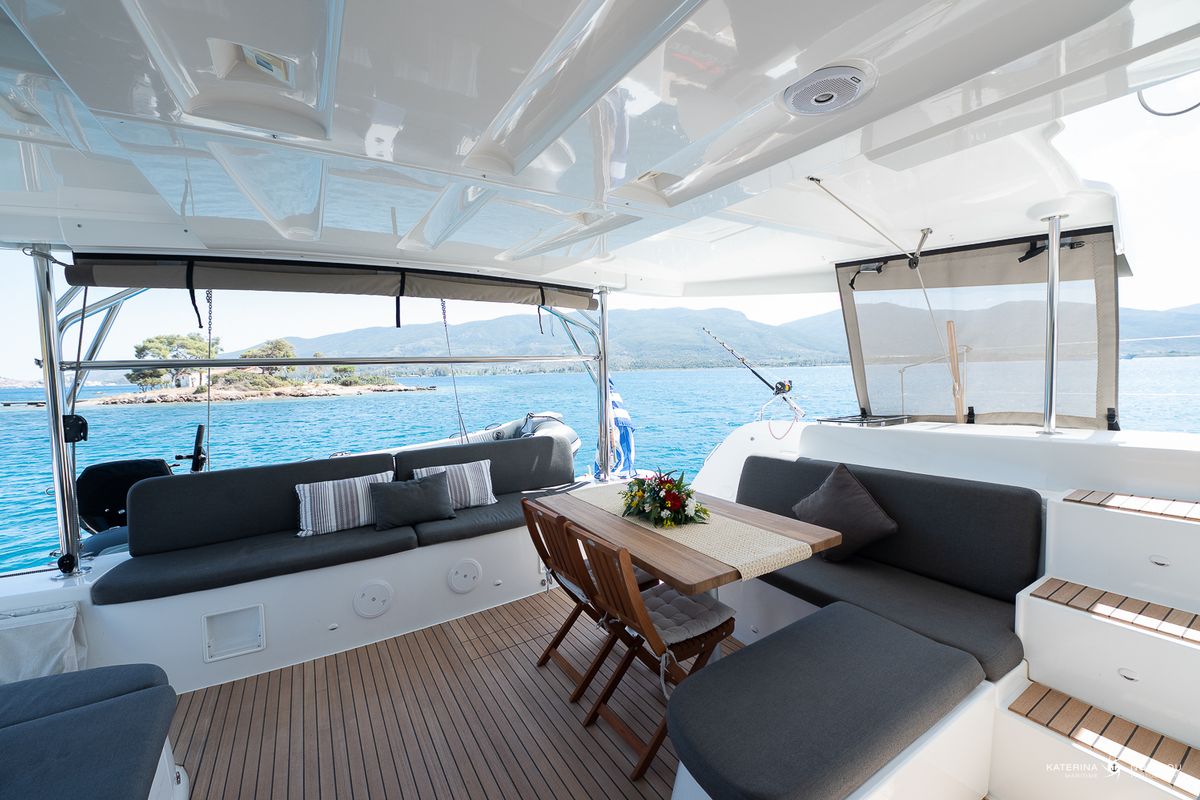 Deck of El Marita, a Lagoon 46 catamaran at Municipal Unit of Lefkada, Greece