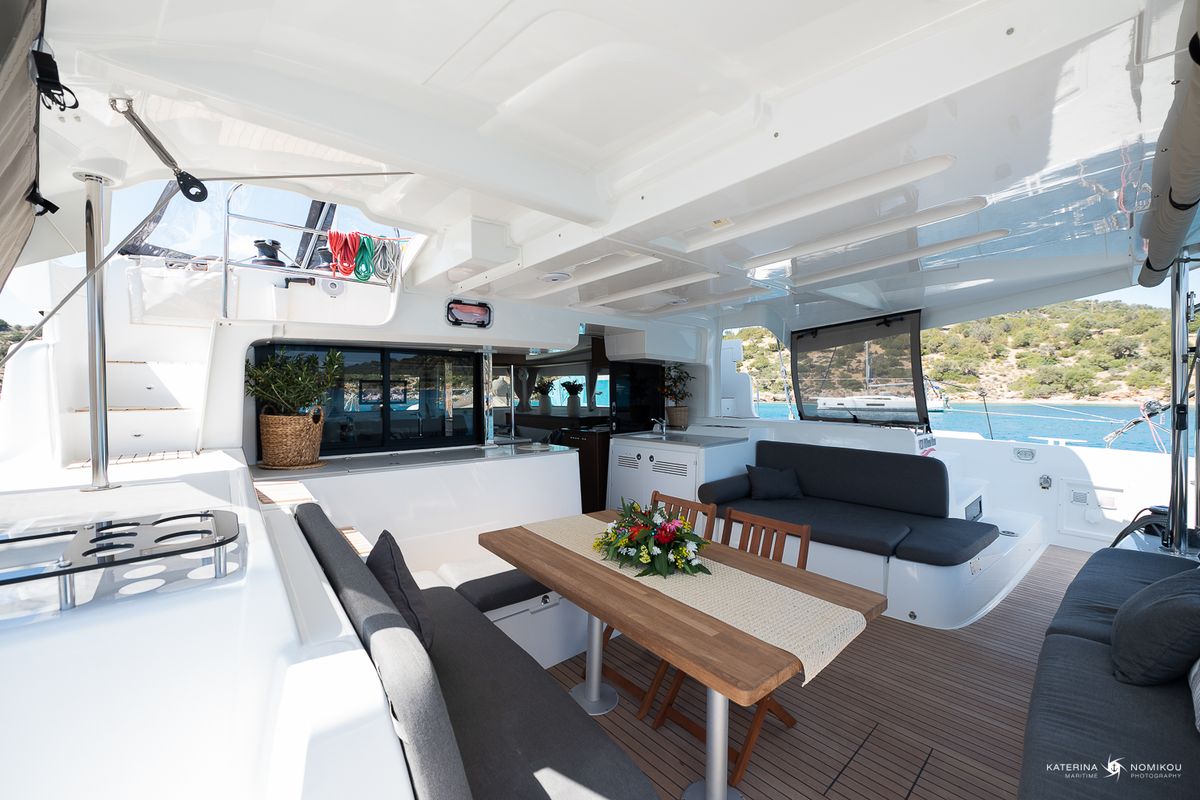Deck of El Marita, a Lagoon 46 catamaran at Municipal Unit of Lefkada, Greece