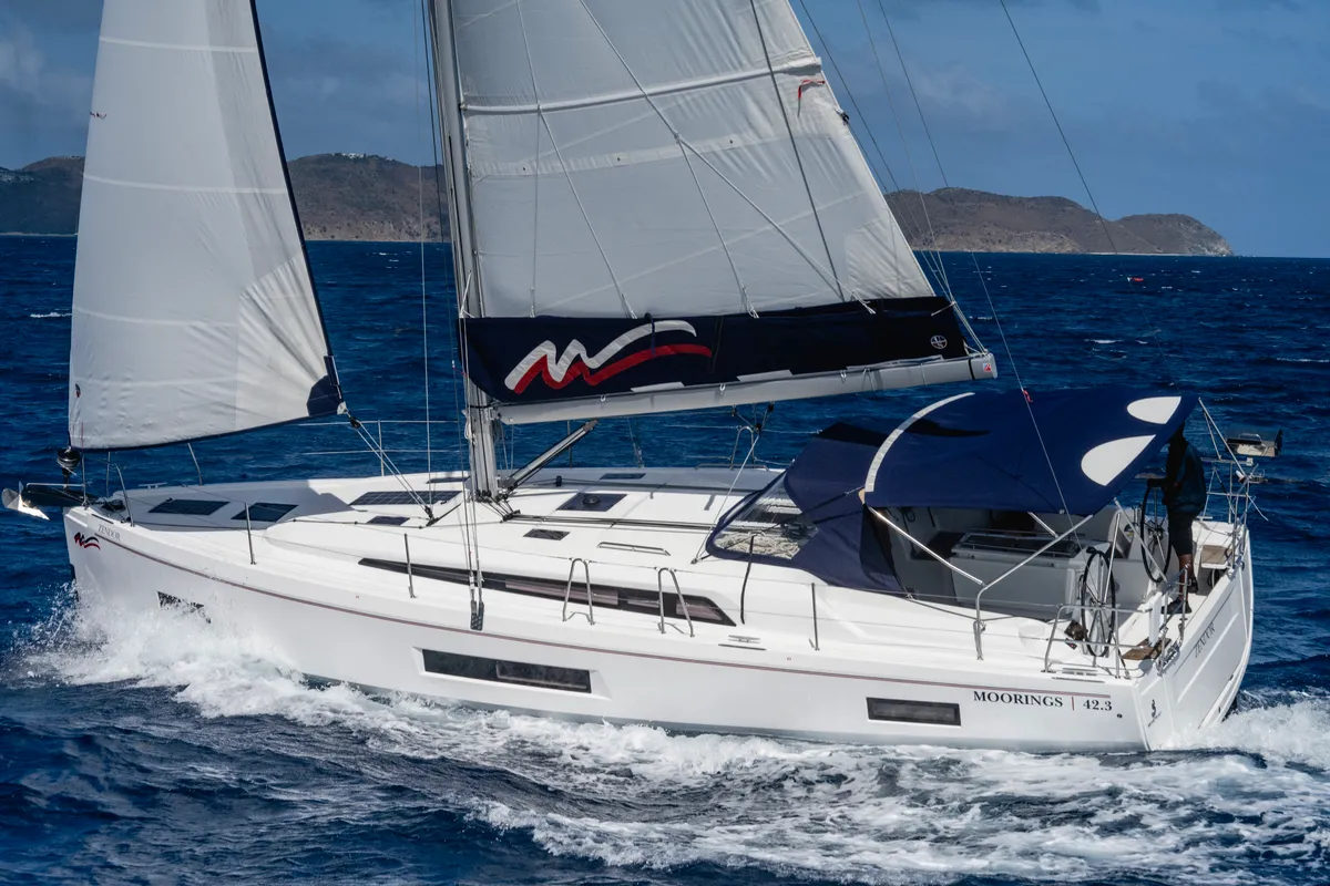 Exterior view of Moorings 42.3 Exclusive, a Beneteau Oceanis 40.1 sailboat at English Harbour, Antigua and Barbuda