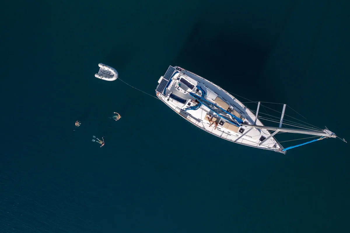 Exterior view of ZORBA, a Beneteau Cyclades 50.5 sailboat at Aegina, Greece