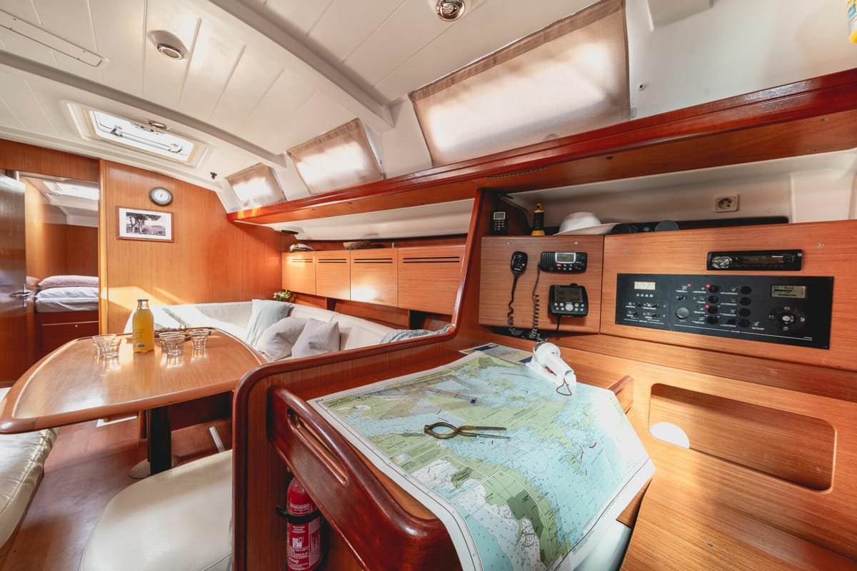 Salon of ZORBA, a Beneteau Cyclades 50.5 sailboat at Aegina, Greece