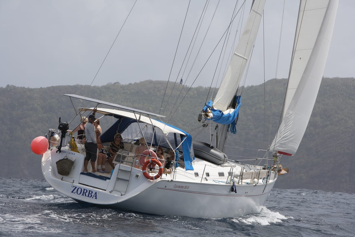Exterior view of ZORBA, a Beneteau Cyclades 50.5 sailboat at Aegina, Greece