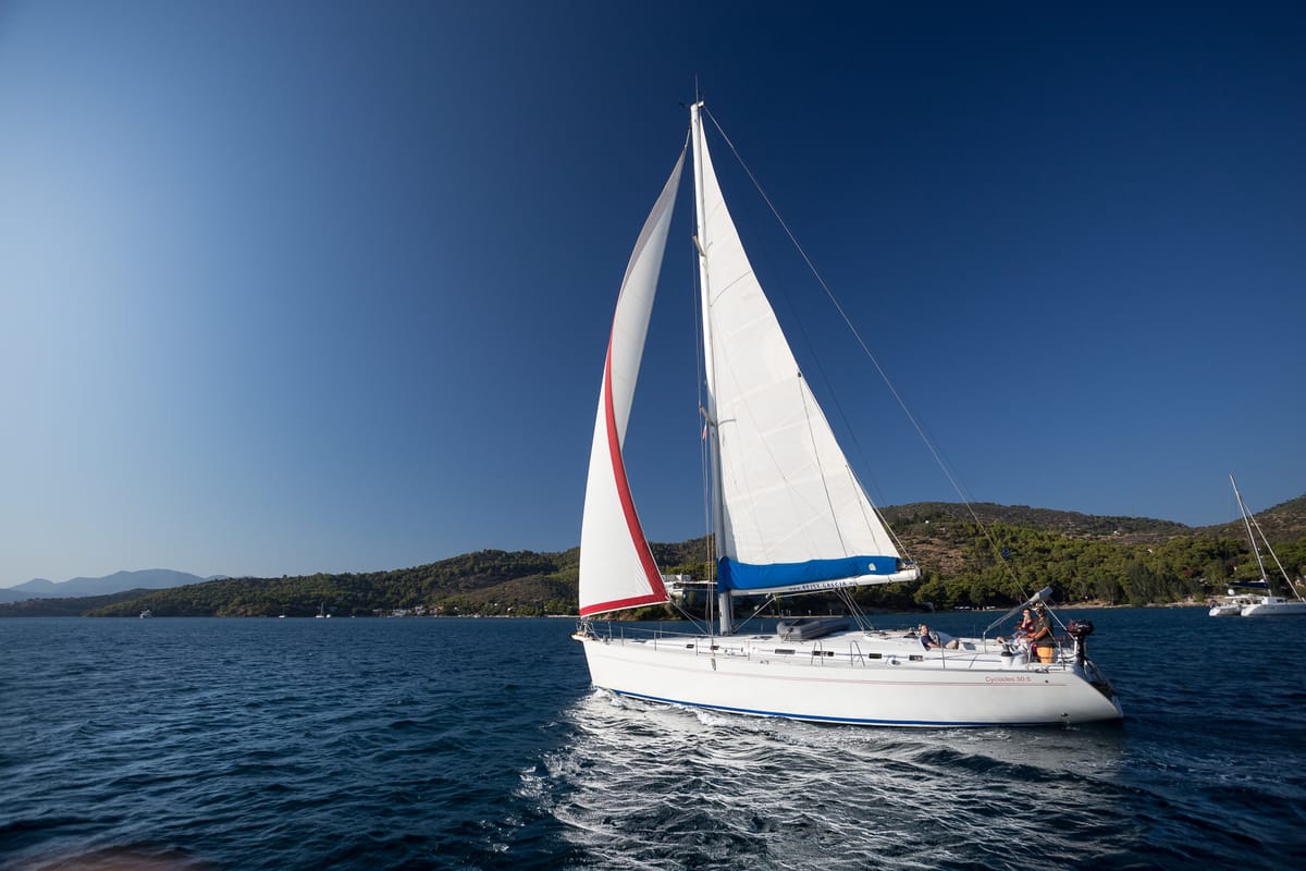 Exterior view of ZORBA, a Beneteau Cyclades 50.5 sailboat at Aegina, Greece