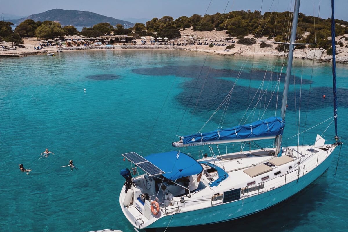 Exterior view of ZORBA, a Beneteau Cyclades 50.5 sailboat at Aegina, Greece