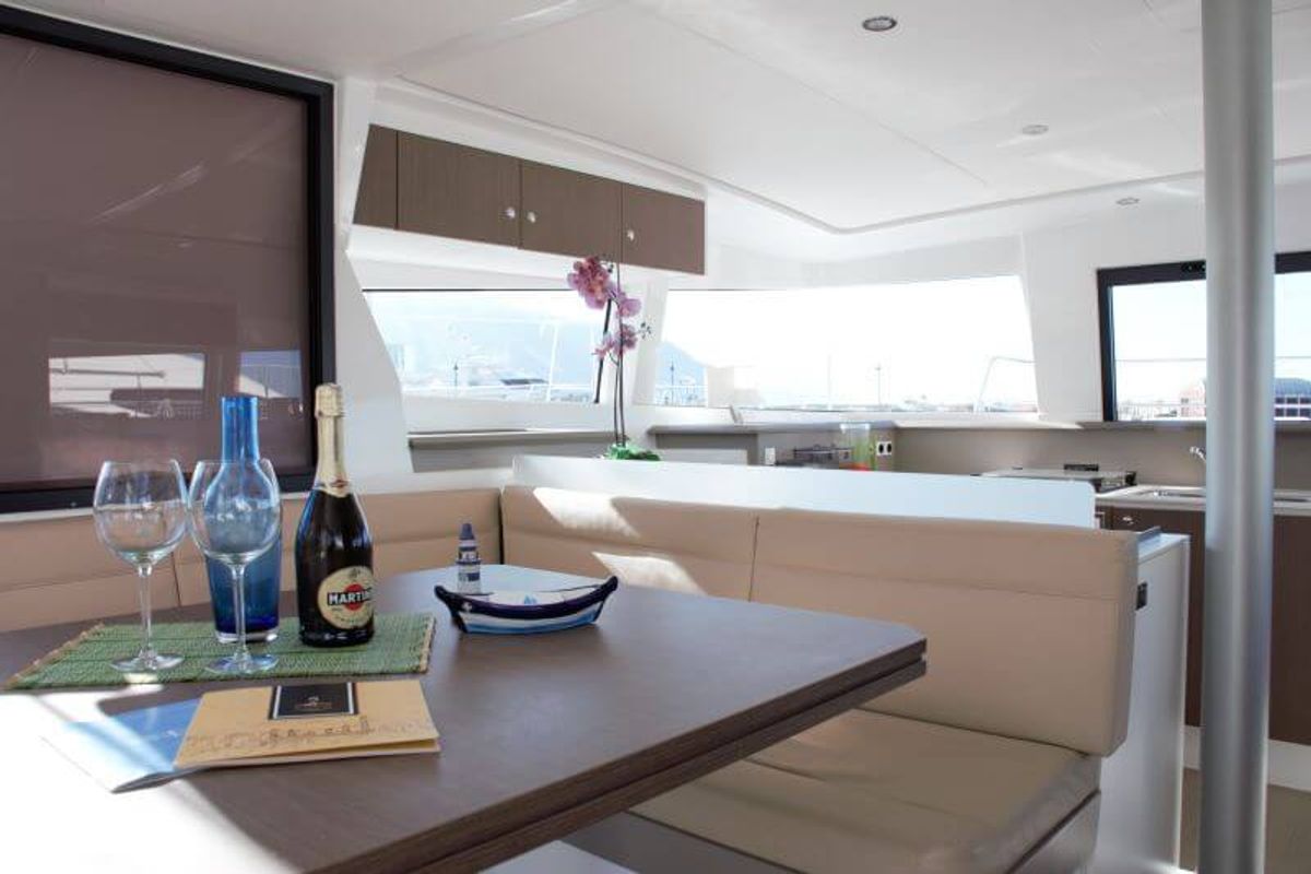 Salon of Magic 3, a Bali 4.3 catamaran at Castellammare di Stabia, Italy