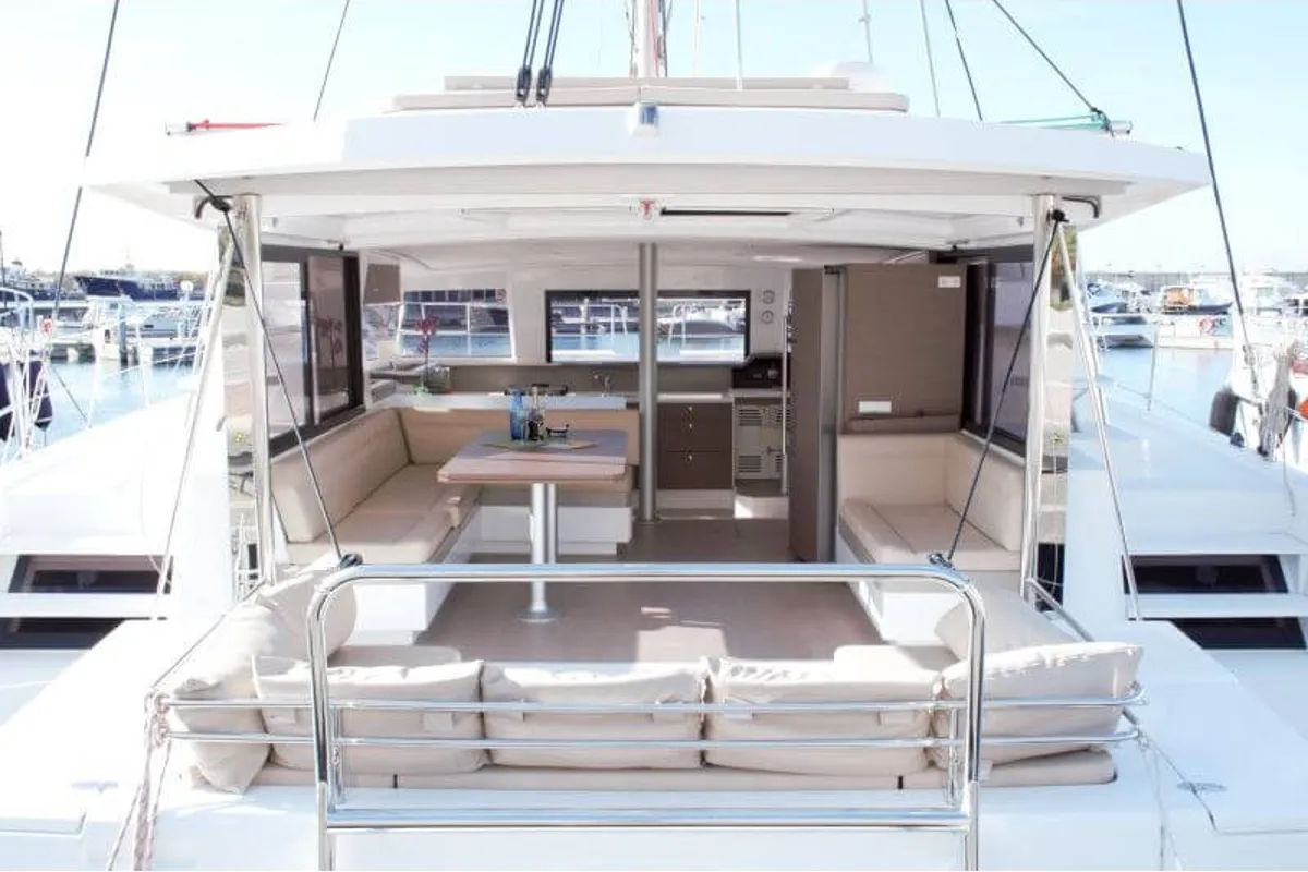 Deck of Magic 3, a Bali 4.3 catamaran at Castellammare di Stabia, Italy