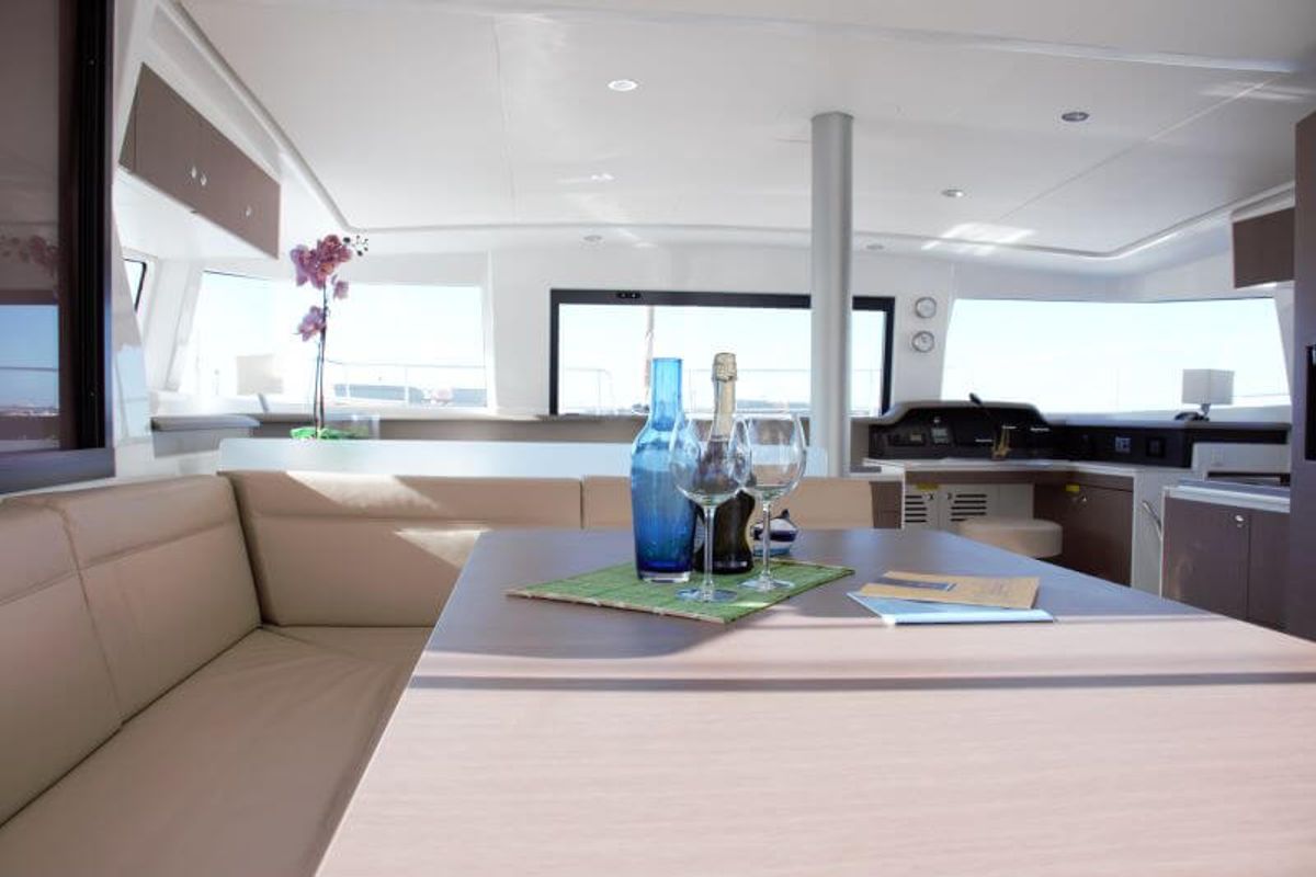 Salon of Magic 3, a Bali 4.3 catamaran at Castellammare di Stabia, Italy