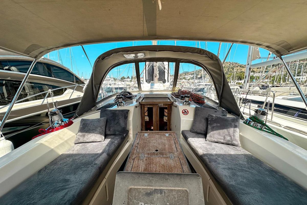 Cockpit of Spark-1, a Bavaria Cruiser 40 sailboat at Bodrum, Turkey