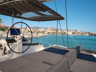 Cockpit of Akana, a Lagoon 52 F catamaran at Grad Trogir, Croatia