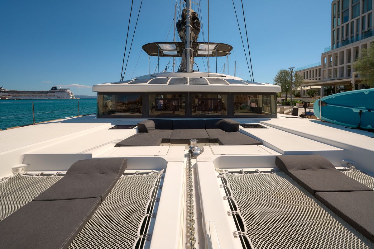 Deck of Akana, a Lagoon 52 F catamaran at Grad Trogir, Croatia
