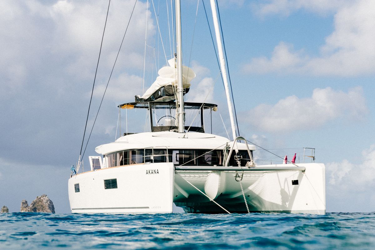 Exterior view of Akana, a Lagoon 52 F catamaran at Grad Trogir, Croatia
