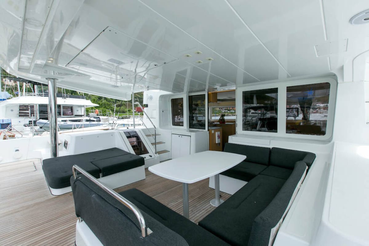 Deck of Akana, a Lagoon 52 F catamaran at Grad Trogir, Croatia